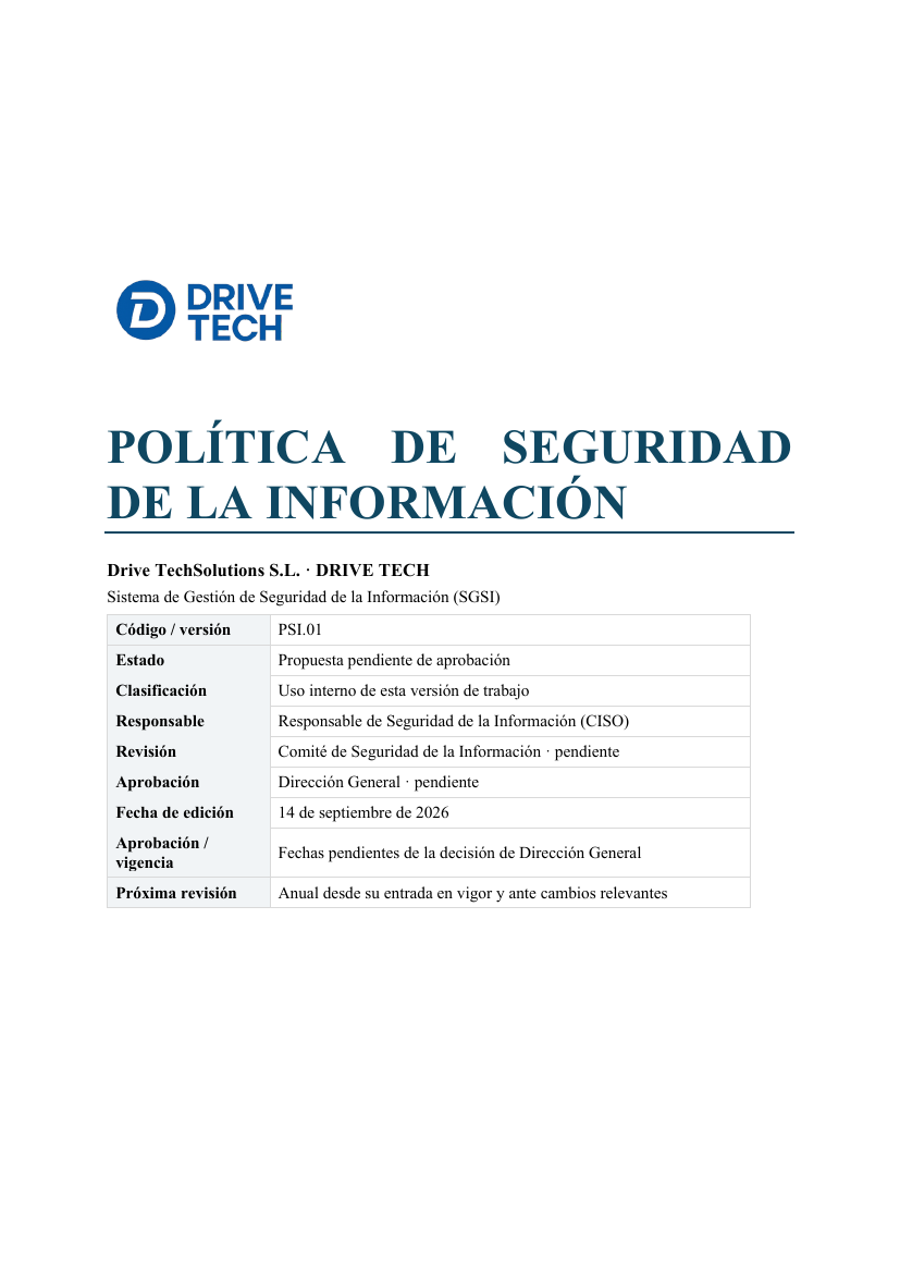 Portada de la Política de Seguridad de la Información de Drive Tech